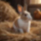Adorable mini rabbit sitting on a bed of hay