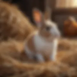 Adorable mini rabbit sitting on a bed of hay