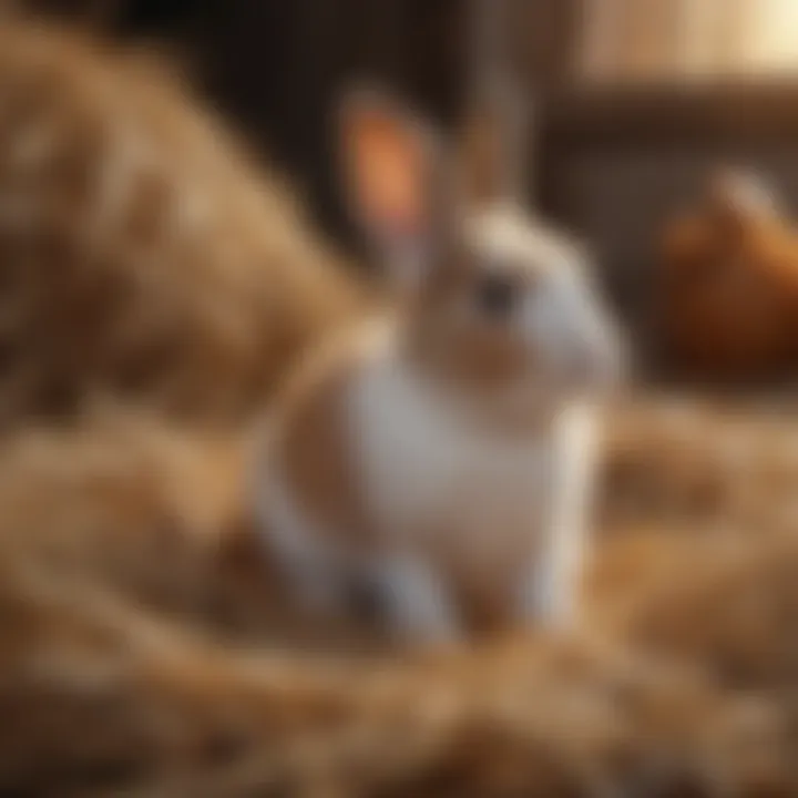 Adorable mini rabbit sitting on a bed of hay
