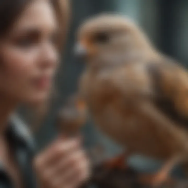 A bird owner observing and caring for a molting bird.