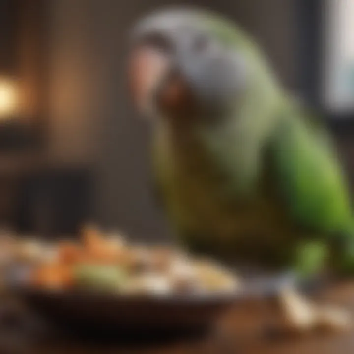 A healthy monk parrot enjoying a balanced meal