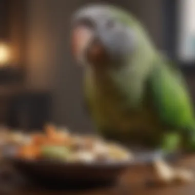 A Monk Parrot Enjoying a Balanced Diet A healthy monk parrot enjoying a balanced meal