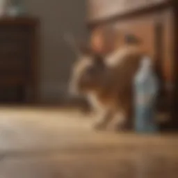 A rabbit curiously examining a piece of furniture with a no chew spray bottle nearby