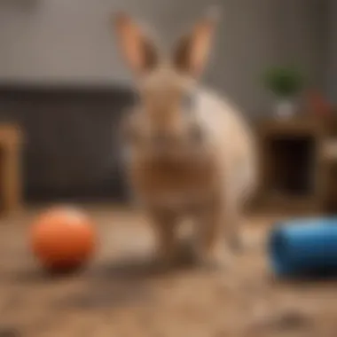 Rabbit Enjoying Playtime A rabbit happily playing with a chew-safe toy while the no chew spray is seen in the background