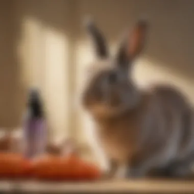 No Chew Spray and Rabbit Toys A bottle of no chew spray prominently displayed next to a variety of rabbit toys