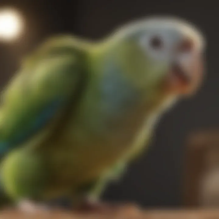 A close-up of a parakeet receiving veterinary care