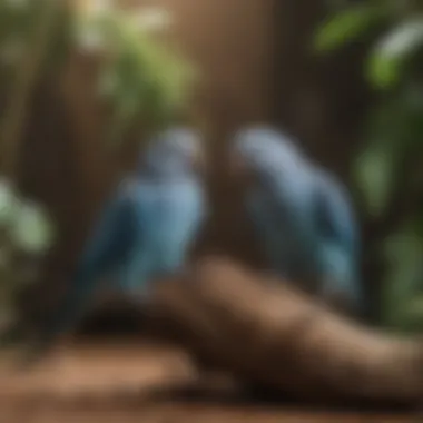 Two blue parakeets interacting playfully, demonstrating their sociable nature.