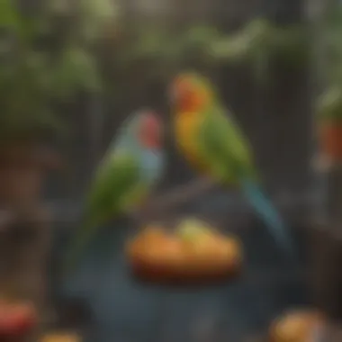 Vibrant Parakeets on Lush Cage Liners Colorful parakeets perched on clean cage liners