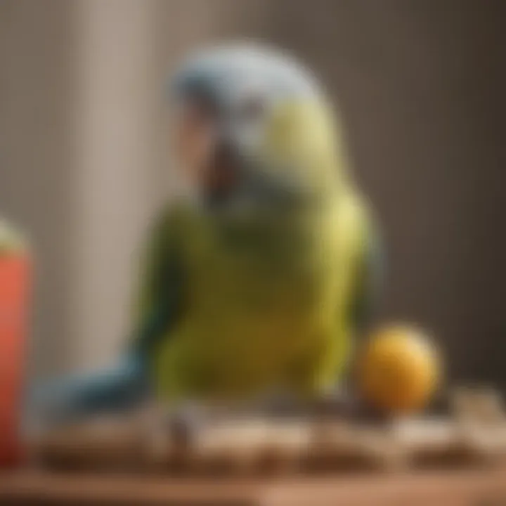 Parakeet engaging with a chew toy in its cage