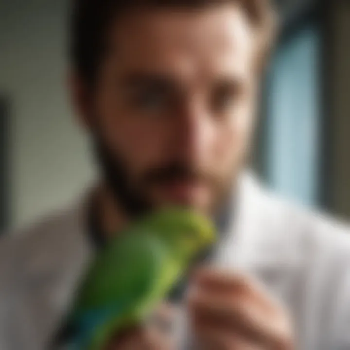 Veterinarian examining a parakeet