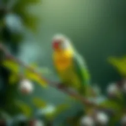 A vibrant parakeet perched on a branch