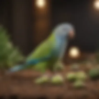 A parakeet enjoying a natural foraging setup