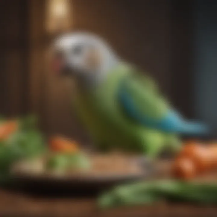 A parakeet enjoying a balanced meal of seeds and fresh vegetables.