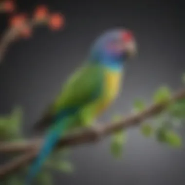 A vibrant parakeet perched on a branch, showcasing its colorful plumage.