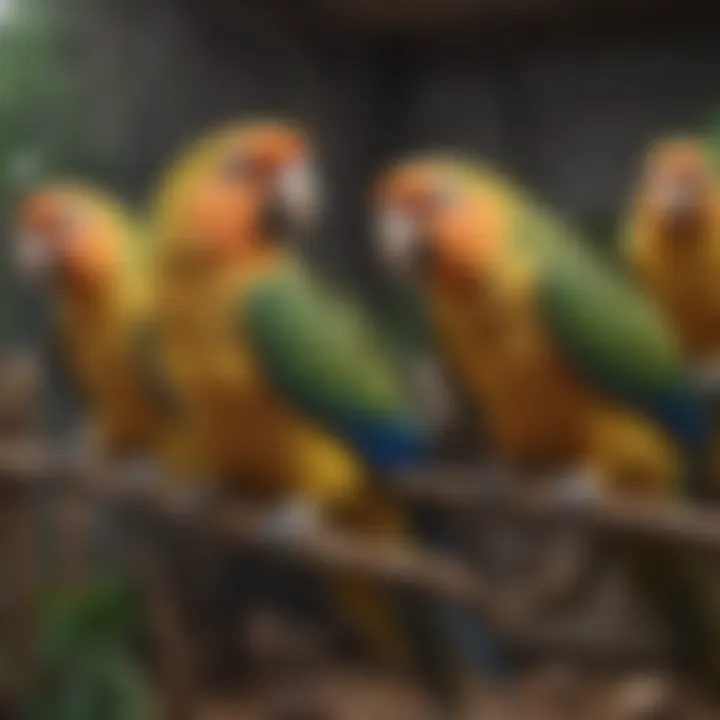 A well-maintained aviary with healthy, playful parrots