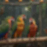 A vibrant aviary showcasing colorful parrots in a netted environment