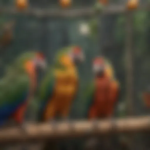 A vibrant aviary showcasing colorful parrots in a netted environment