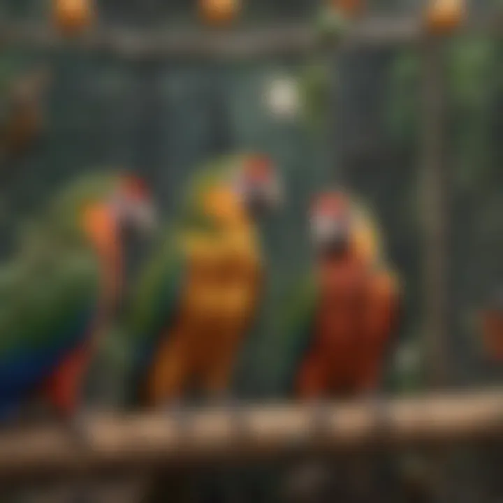 A vibrant aviary showcasing colorful parrots in a netted environment