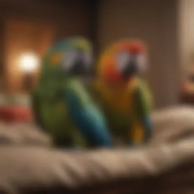 A variety of parrot species resting in their beds