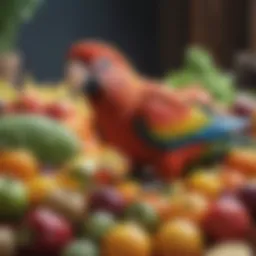 A vibrant assortment of fruits and vegetables suitable for parrot diets