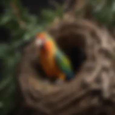 Beautifully crafted wooden parrot nest box in a natural setting