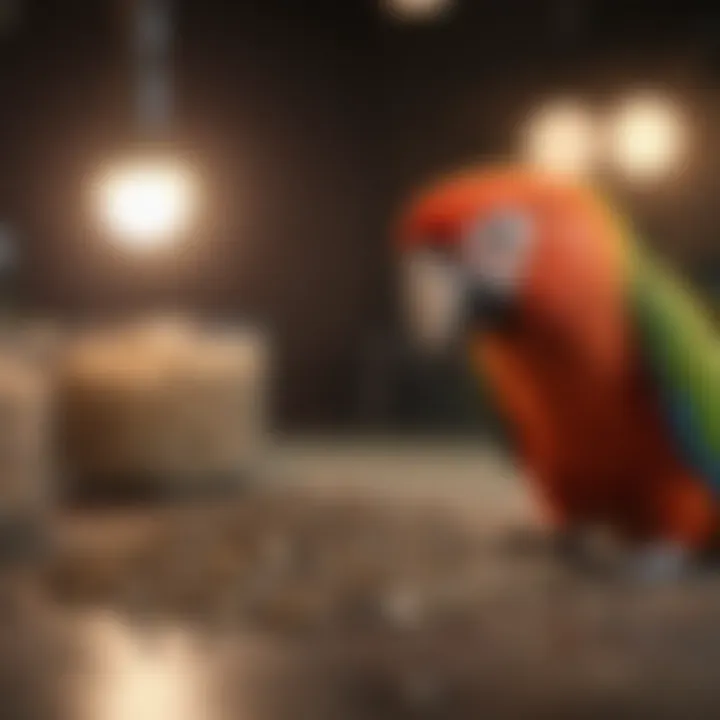 A parrot enthusiast examining different brands of parrot pellets on a table.