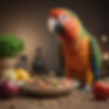 A healthy parrot enjoying a bowl of parrot pellets alongside fresh fruits and vegetables.