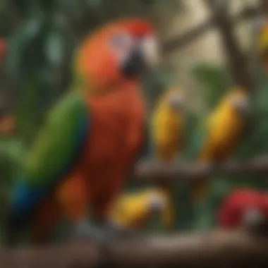 Various parrot species in a natural habitat, illustrating diversity in avian behavior.