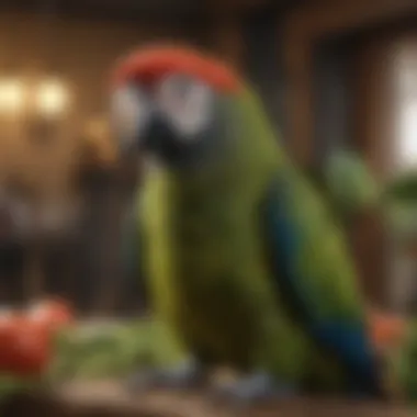 A serene environment with multiple parrots interacting, emphasizing environmental influences on behavior.