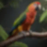 A parrot perched comfortably on a branch, showcasing its vibrant feathers.