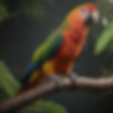 The Art of Perching: A Study of Avian Comfort A parrot perched comfortably on a branch, showcasing its vibrant feathers.