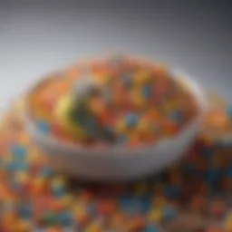 A vibrant assortment of pelleted food for budgies displayed in a bowl