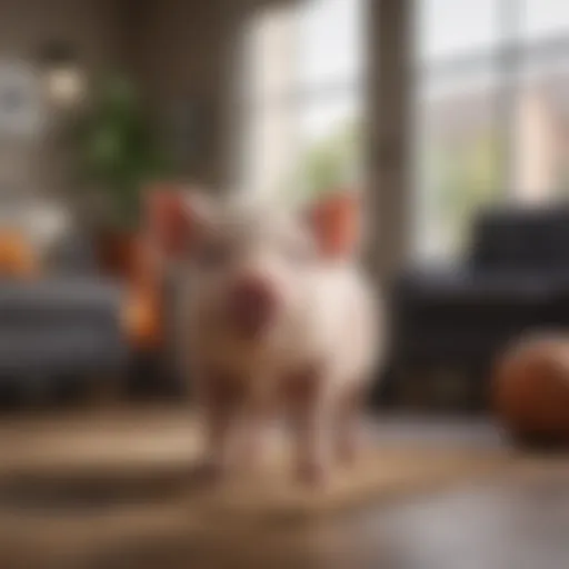A small pet pig in a cozy living room setting, showcasing its playful nature.