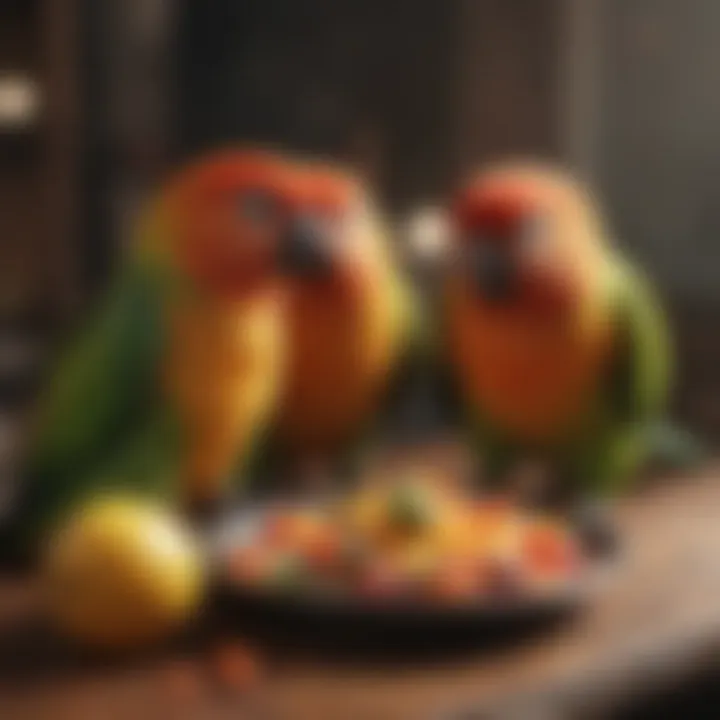 Colorful conures enjoying a nutritious meal