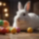 A cozy bunny playing with colorful chew toys