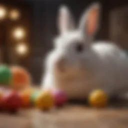 A cozy bunny playing with colorful chew toys