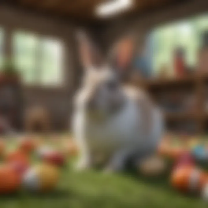 A vibrant play area for rabbits filled with toys and activities