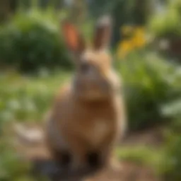 A rabbit displaying joyful behavior in a garden setting