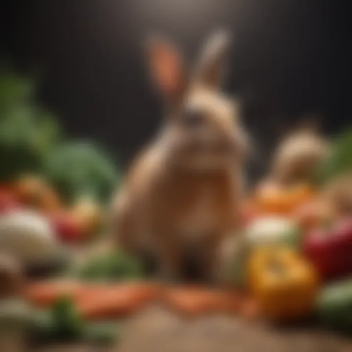 A colorful array of fresh vegetables and hay representing a balanced rabbit diet.