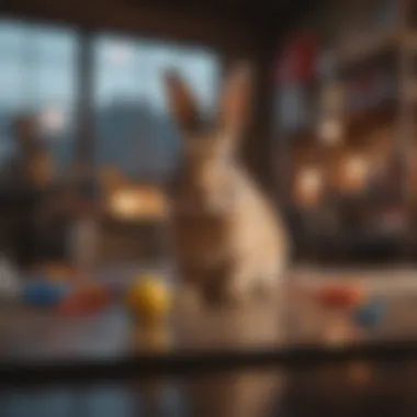 A rabbit enjoying playtime with toys in a safe indoor space.