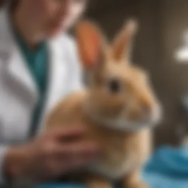 A close-up of a rabbit being examined by a veterinarian in a clinic.