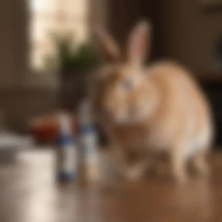 A bottle of rabbit chew spray placed on a table next to a happy rabbit.