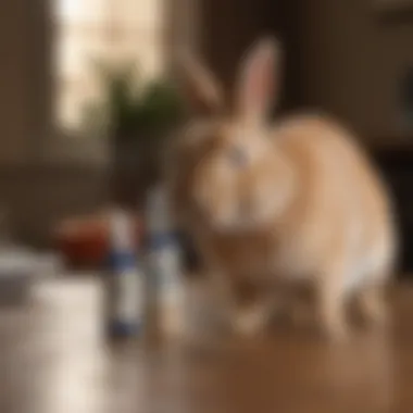 Rabbit Chew Spray Bottle A bottle of rabbit chew spray placed on a table next to a happy rabbit.