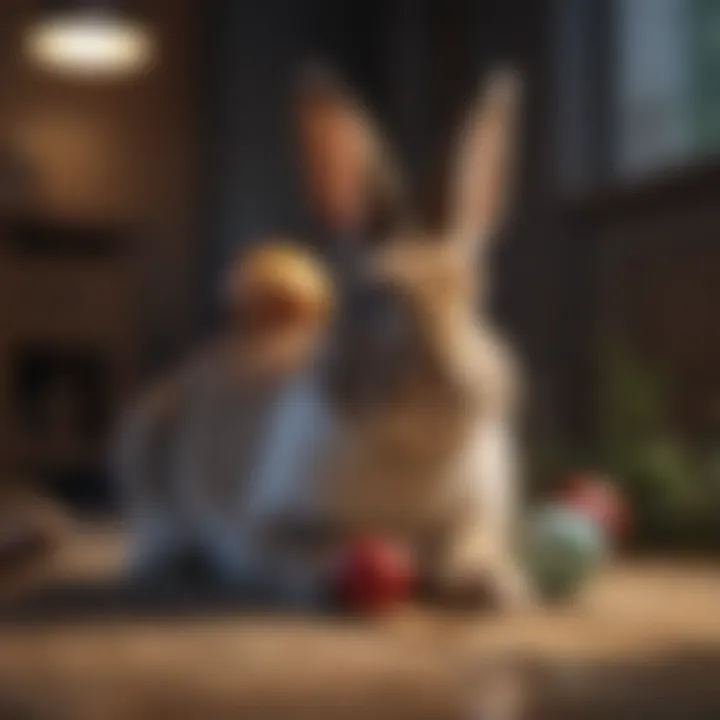 A rabbit engaging with toys designed for chewing