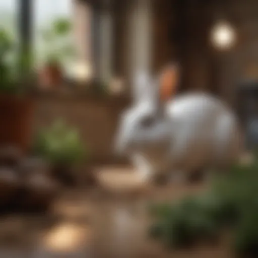 A cozy indoor setup for a rabbit, showcasing its habitat and comfort.