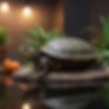A red-eared slider basking under a heat lamp, showcasing its habitat