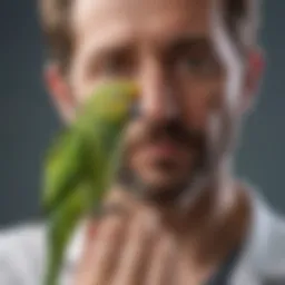 A parakeet perched on a veterinarian's finger, showcasing trust and care.
