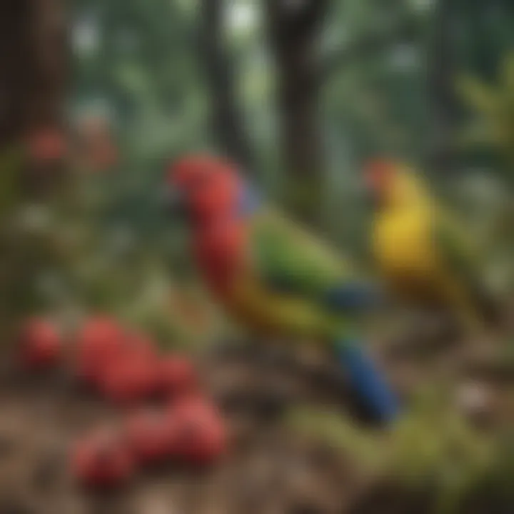 A lush habitat of Rosellas in the wild, reflecting their natural environment.