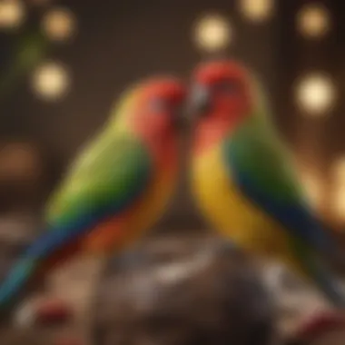 Two Rosellas engaging in social behavior, emphasizing their playful nature.