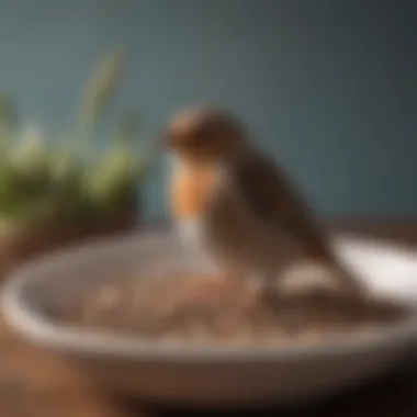 Close-up of a ceramic bird food dish filled with seed